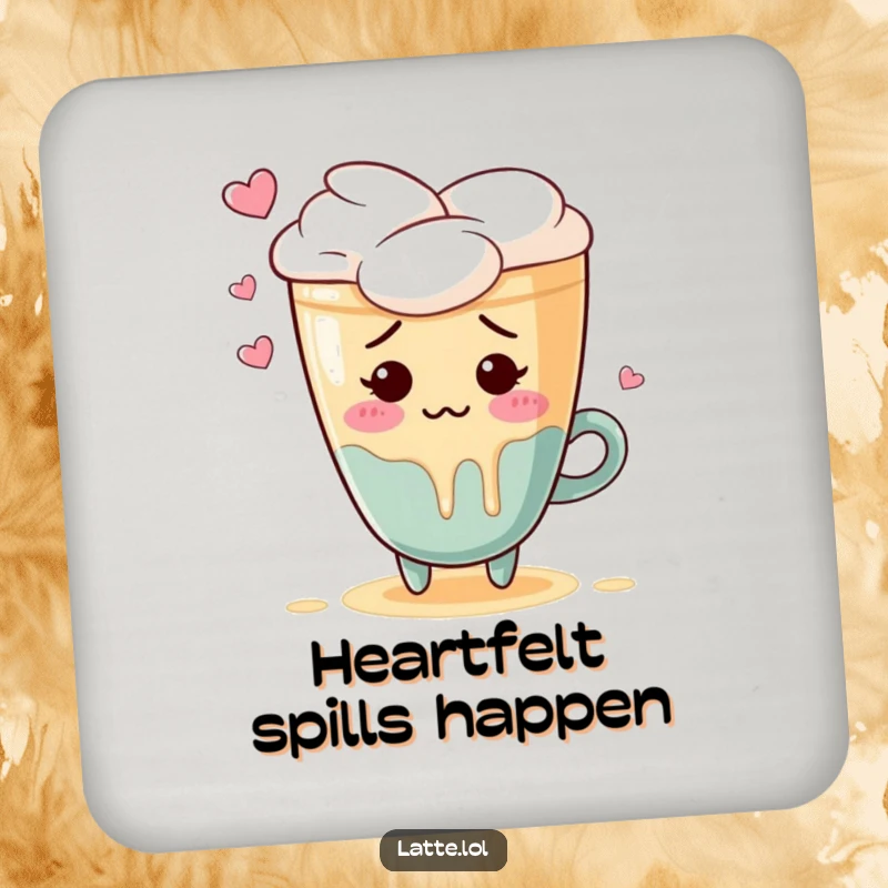 Funny drink coaster with a blushing latte art heart character spilling foam in embarrassment, protecting surfaces.