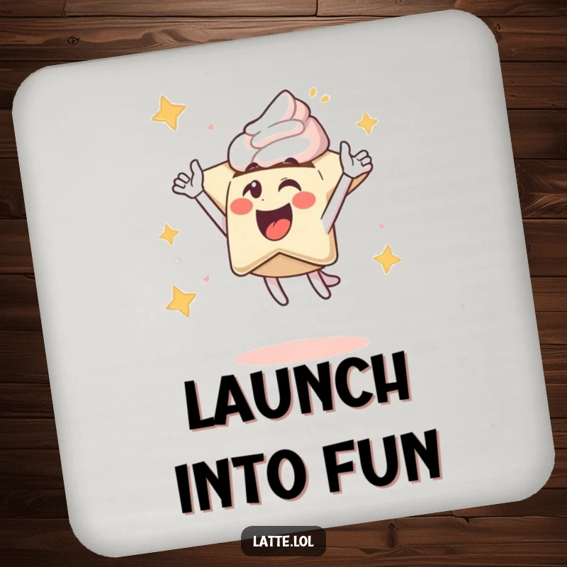Funny drink coaster showcasing an excited latte art star character launching upwards, adding a touch of cosmic humor to tabletops.