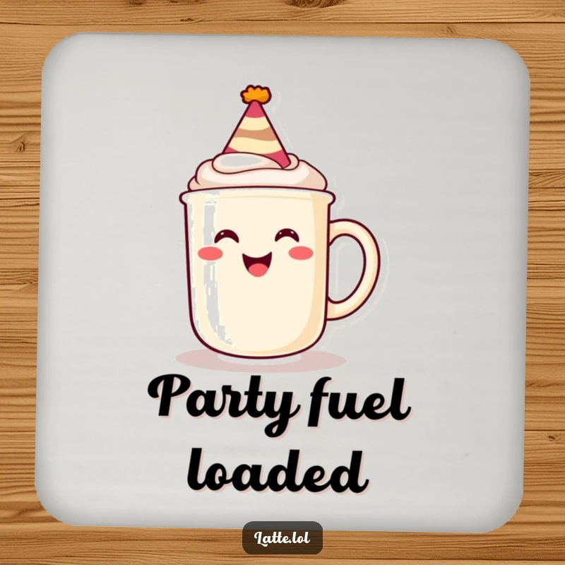 Funny drink coaster with a grinning latte mug wearing a tiny party hat, adding a festive touch to tabletops.