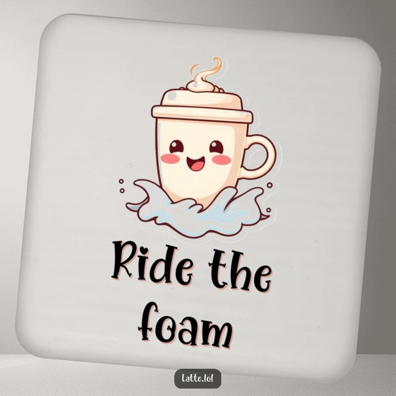 Funny coasters featuring a happy coffee cup character surfing a frothy wave, steaming lid intact. Protects surfaces with style.