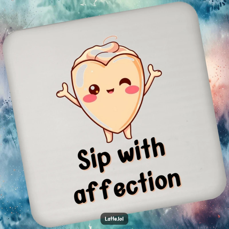 Funny drink coaster featuring a kawaii latte heart character cheering, adding a touch of cute humor.