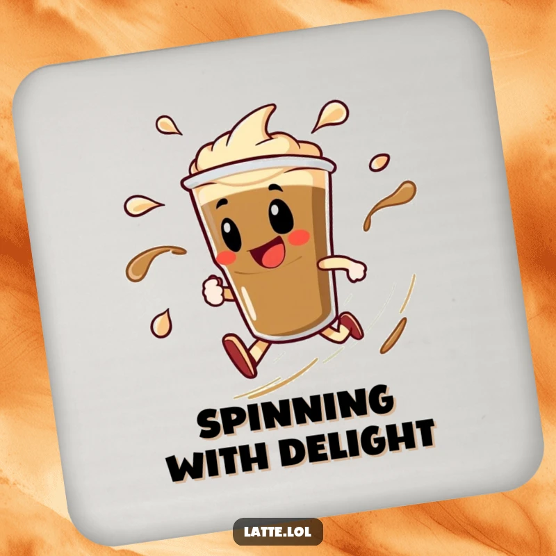 Funny coasters featuring a delighted espresso shot character in a speedy spin with liquid trails. Protects surfaces with flair.