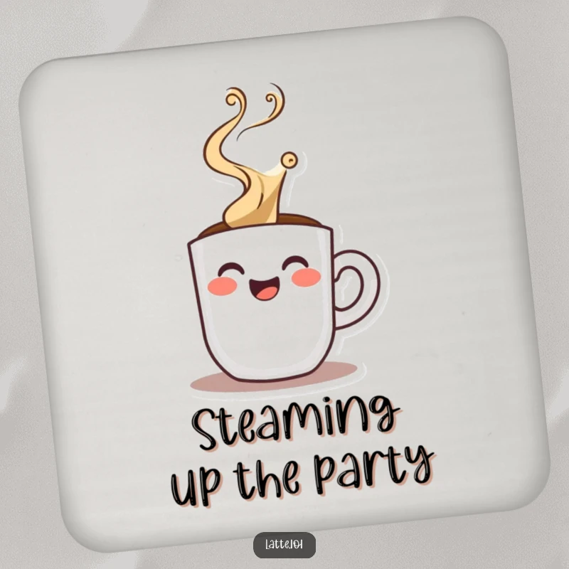 Funny drink coaster with a happy espresso shot character and dramatic steam, protecting surfaces with power and style.