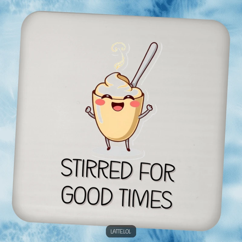Funny Coffee Spoon Latte Coaster depicting a spoon character stirring a happy latte. Protects surfaces with style.