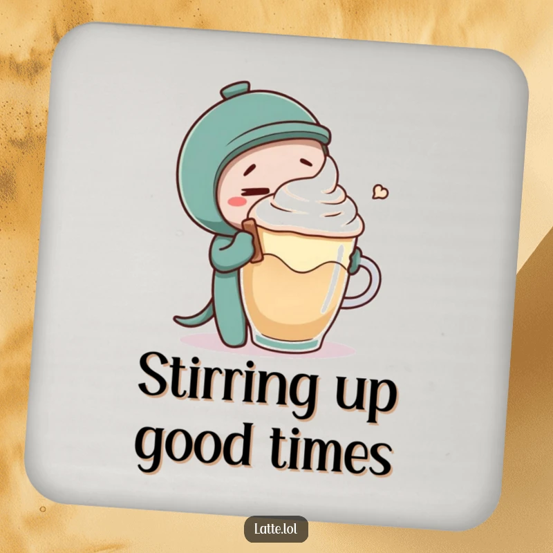 Funny drink coaster with a coffee stirrer tickling latte foam, adding a humorous and protective element to furniture.