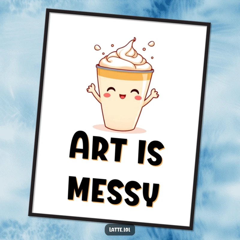 Funny poster art depicting a latte cup character with arms splashing foam art, creating a lively and energetic feel.