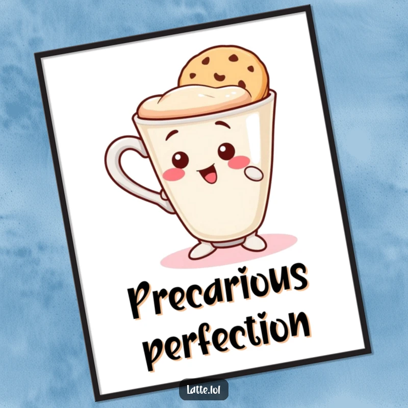 Funny poster of a wobbly latte cup character balancing a cookie wafer on its rim. Whimsical and humorous decor.