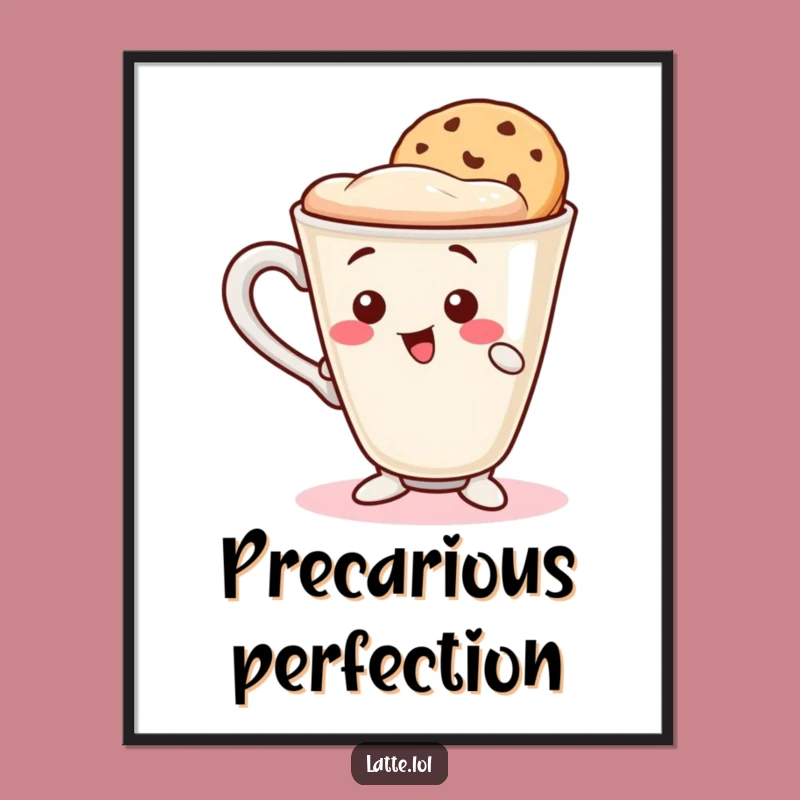Balancing Latte Funny Poster: Wobbly Cup, Cookie Wafer, Whimsical Art Gift