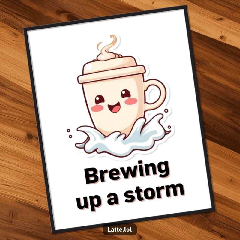 Funny poster of a happy coffee cup character riding a frothy wave, steaming lid emphasizing the hot brew. Coastal decor.