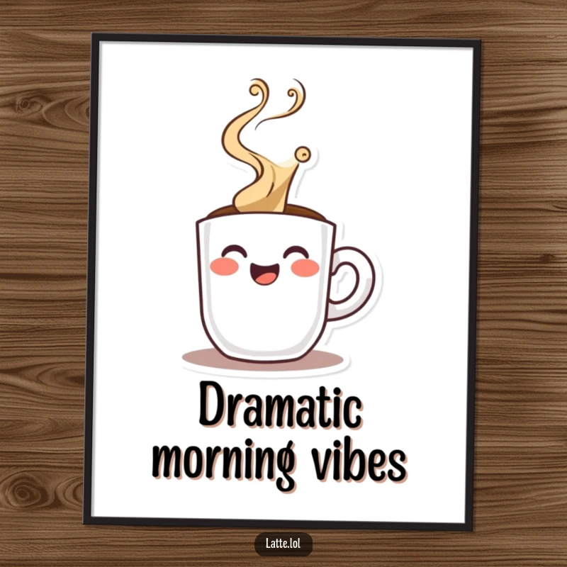 Funny poster art of a happy espresso shot character with dramatic steam, symbolizing potent energy, focus, and the love of strong coffee.