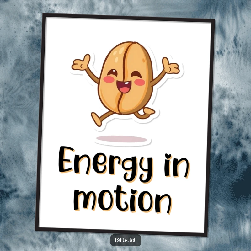 Funny poster art of a joyful coffee bean character in a spirited leap, symbolizing energy, excitement, and the love of coffee.