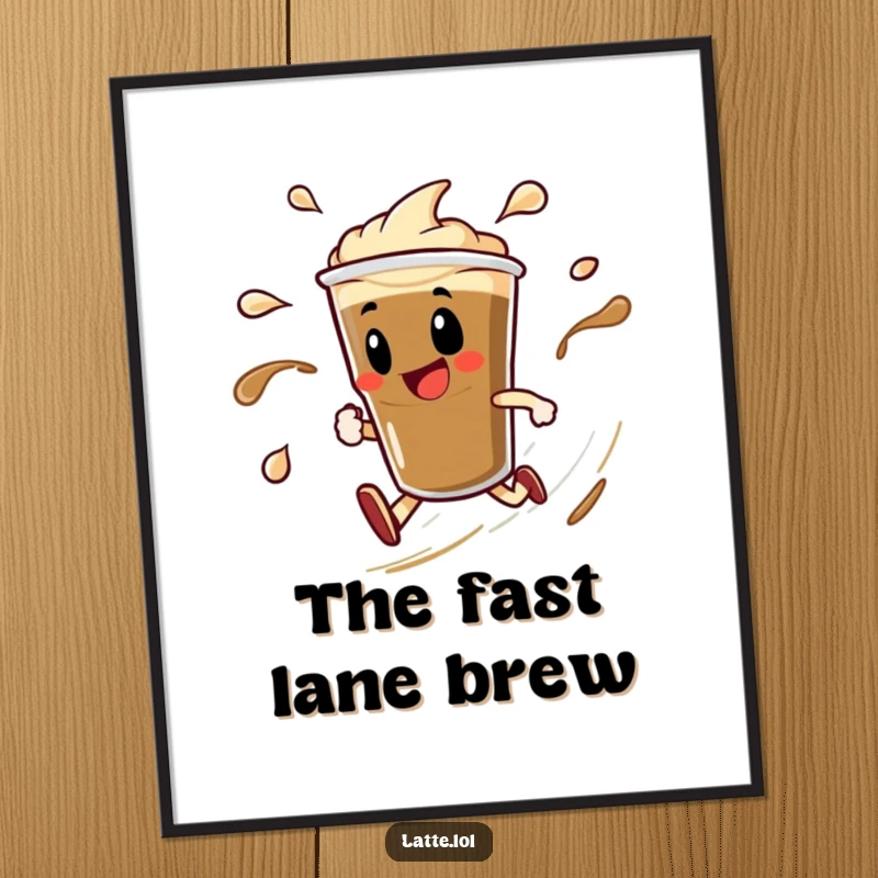 Funny poster of a delighted espresso shot character in a speedy spin, with colorful liquid trails. Dynamic and fun wall art.