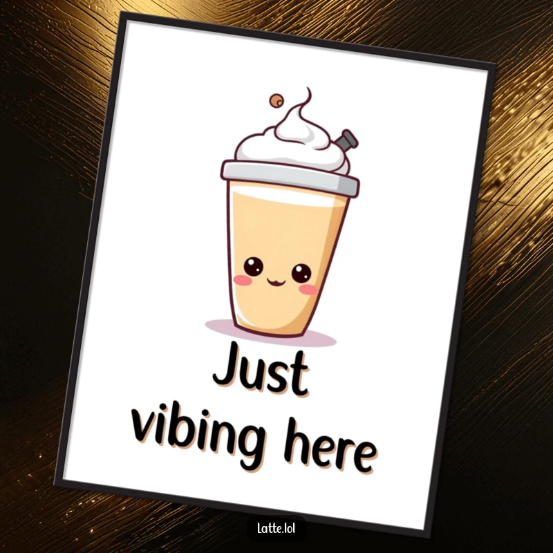 Funny latte cup poster featuring a cheerful character happily bopping its lid, full of life.