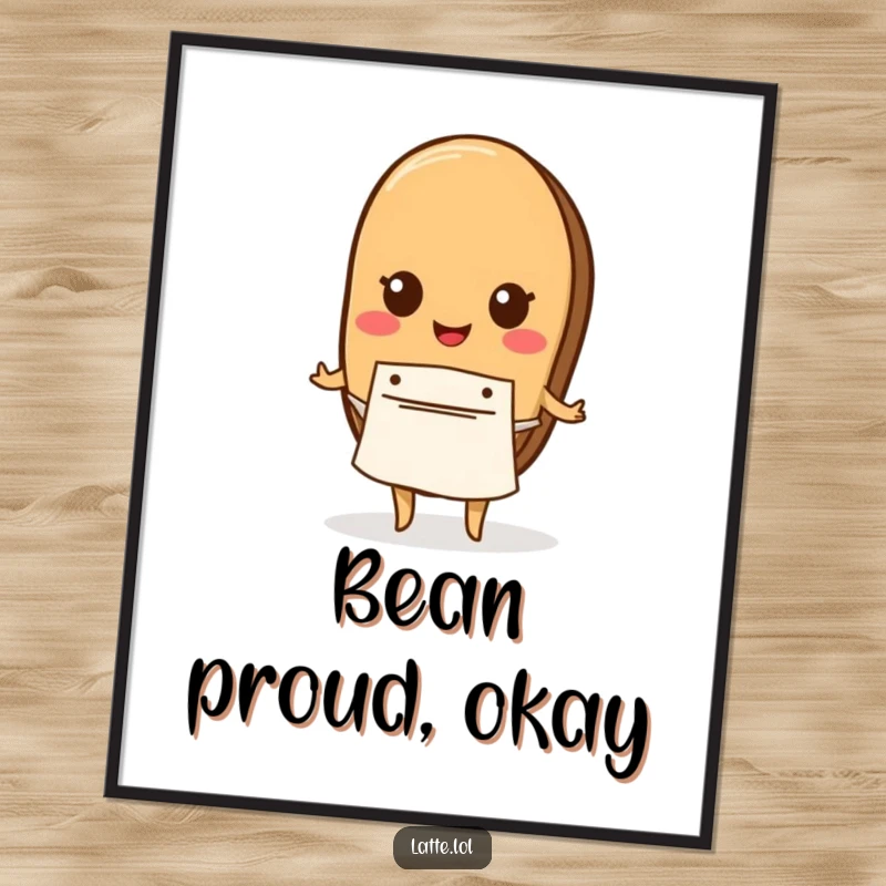 Funny poster showcasing a coffee bean character wearing a tiny apron, perfect for coffee-themed decor.