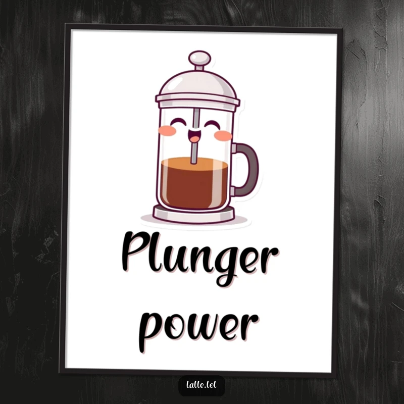 Funny French press poster featuring a laughing coffee character humorously pushing its plunger, bringing a smile to any room.