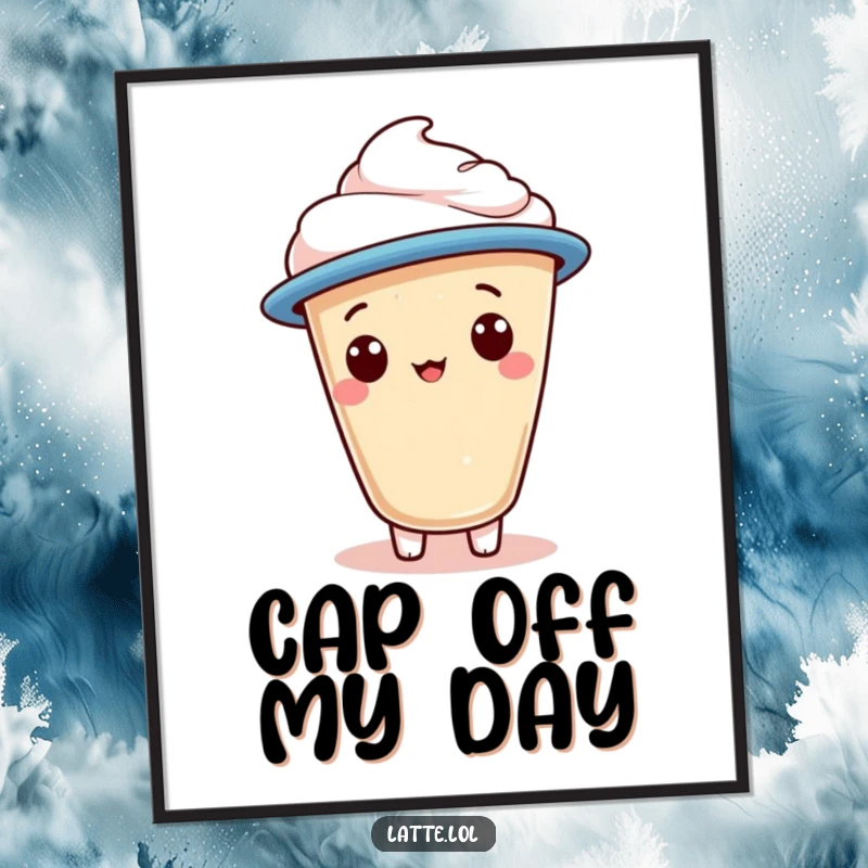 Funny poster showcasing a latte foam character wearing a jaunty cap, exuding charm and morning cheer.