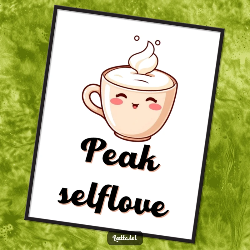 Funny poster of a cute latte cup character happily sipping its own creamy foam, bringing a smile to any wall.