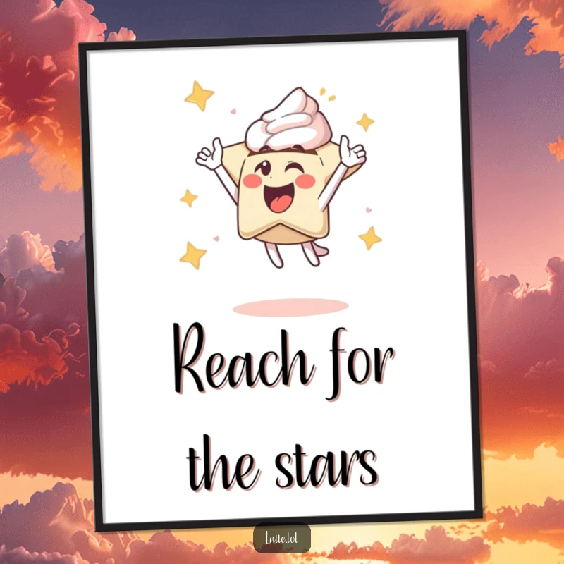 Funny poster print featuring an excited latte art star character in mid-flight, a joyful and energizing piece of wall art.