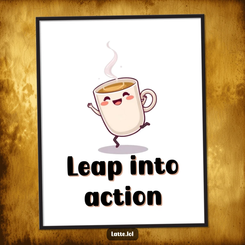Funny Latte Poster: Steaming latte cup character doing a cartwheel, a fun and energetic illustration.