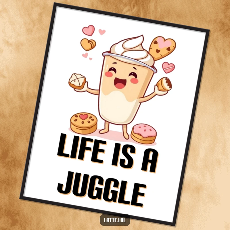 Funny poster illustrating a cheerful latte cup character expertly juggling various delicious pastries.