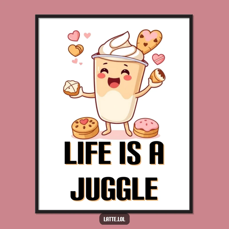 Funny Latte Cup Juggling Pastries Poster: Whimsical Bakery Art