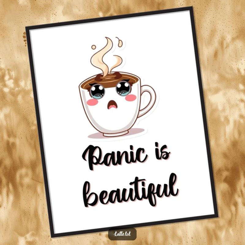 Funny Coffee Cup Poster print of a character with wide eyes and bursting steam, depicting surprise. A humorous art piece.