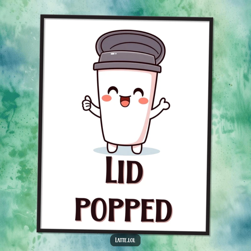 Funny poster art of a delighted travel mug character, lid popping open enthusiastically. Whimsical wall decor for a cheerful vibe.