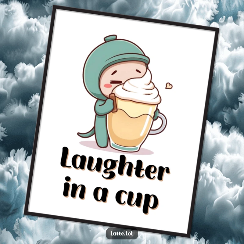 Funny poster art of a coffee stirrer tickling latte foam, adding a whimsical and humorous touch to wall decor.