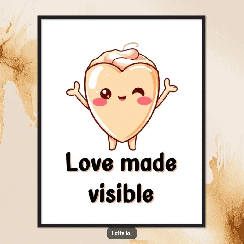 Funny poster art of a kawaii latte heart character with arms spread wide, cheering joyfully, adding a pop of color.
