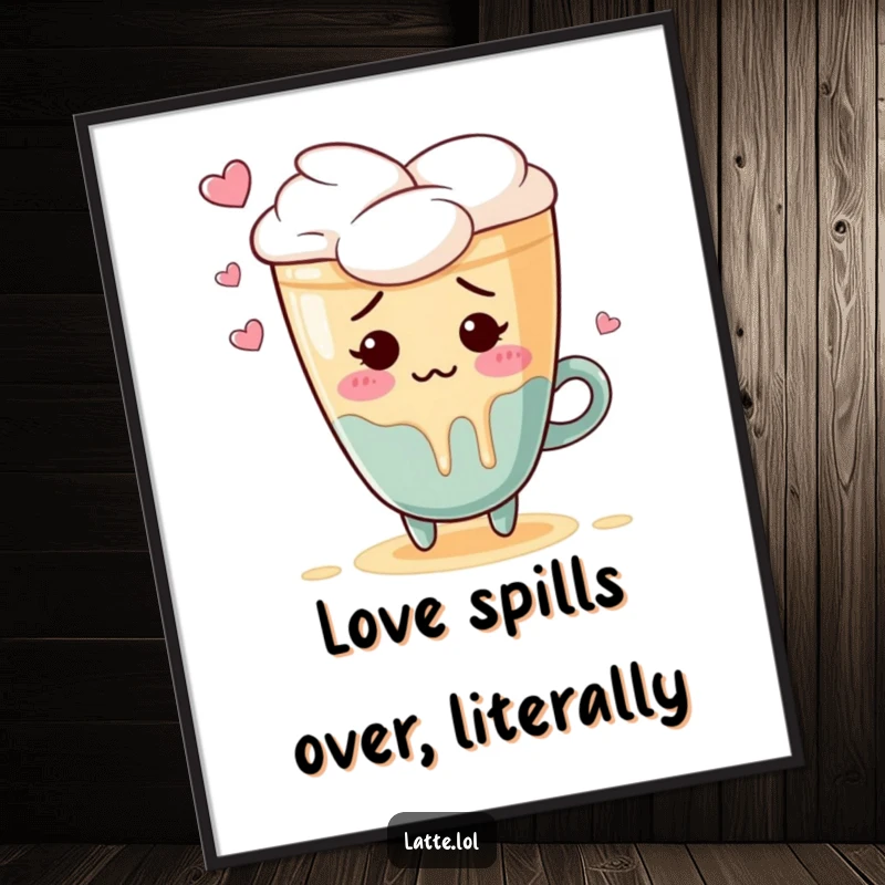 Funny poster art of a blushing latte art heart character nervously spilling foam, radiating embarrassment.