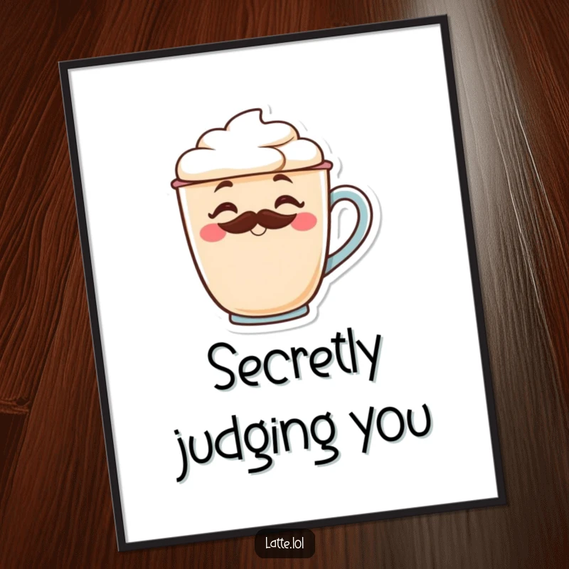 Funny latte cup poster featuring a winking character with a frothy mustache, perfect for cafe ambiance.
