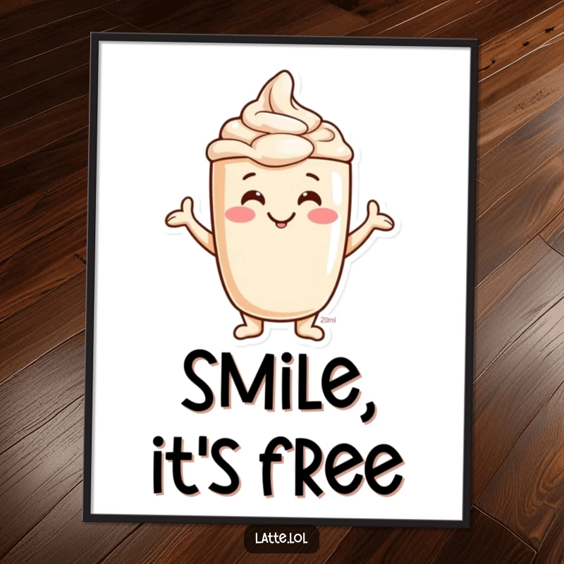 Funny Jovial Latte Foam Poster showcasing a smiling character making artistic shapes in coffee foam. Cheerful wall decor.