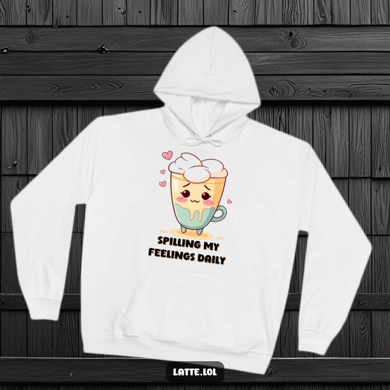 Funny hoodie featuring a blushing latte art heart character spilling foam in embarrassment, perfect for cozy days.