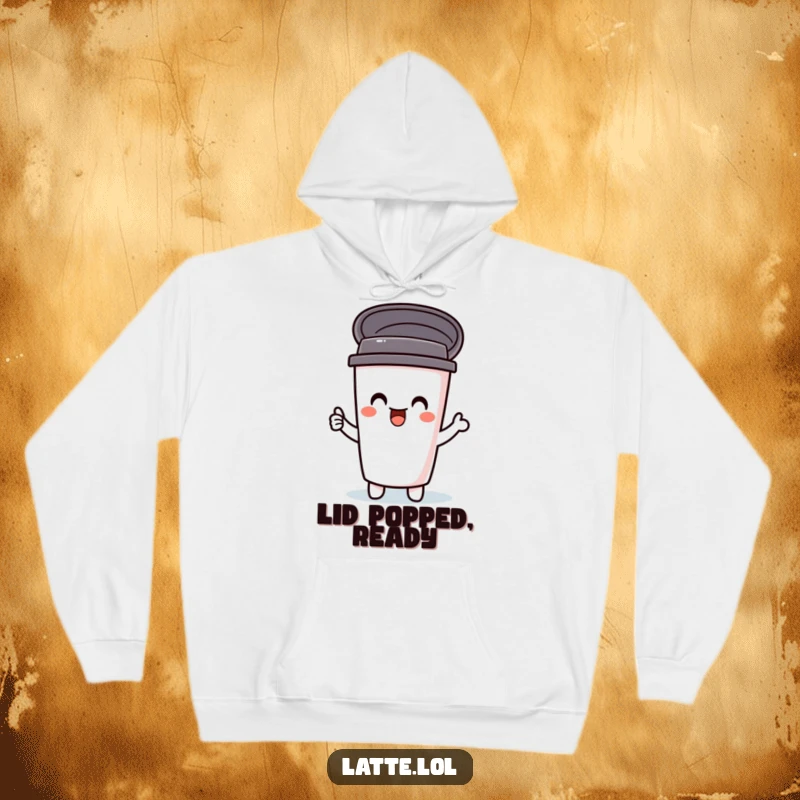 Funny hoodie with a delighted travel mug character, lid joyfully popping open. Warm and comical apparel for coffee enthusiasts.