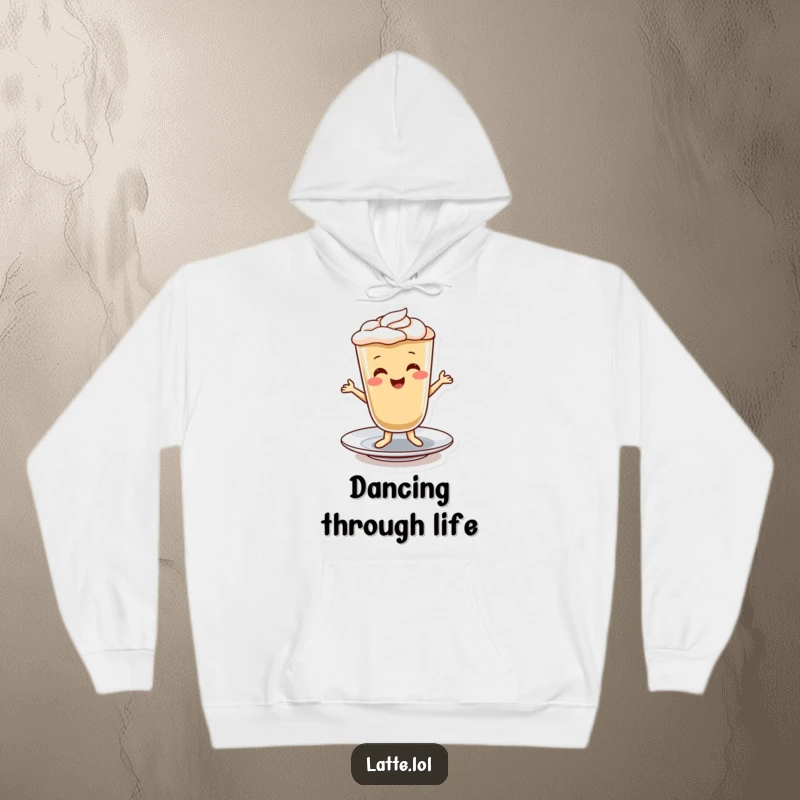 Funny hoodie design of a smiling latte character doing a cheerful dance on a saucer, bringing warmth and fun.