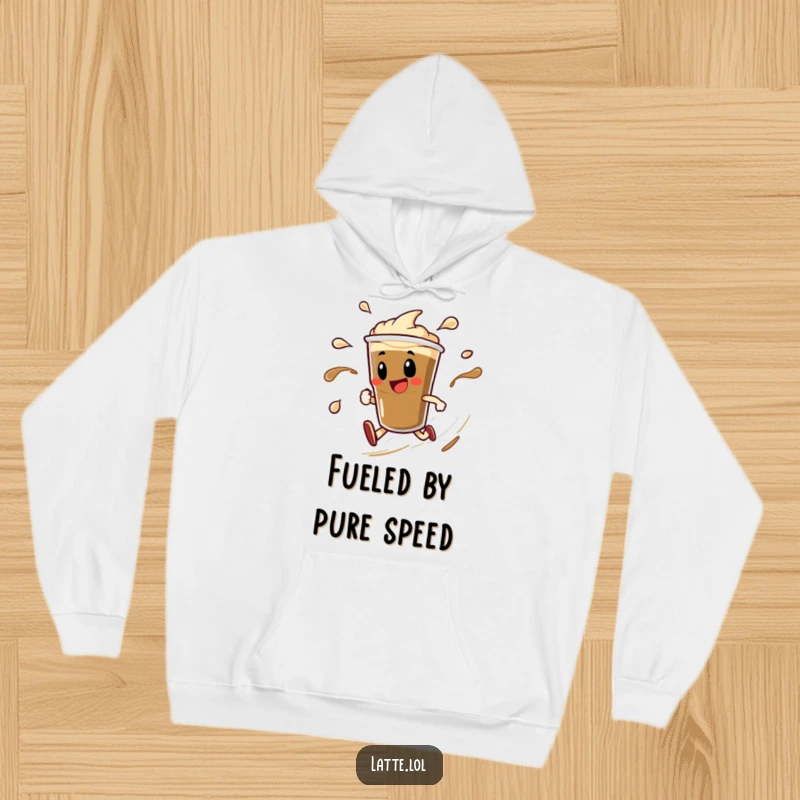 Funny hoodie featuring a delighted espresso shot character spinning rapidly, with visible liquid trails. Cozy and energetic wear.