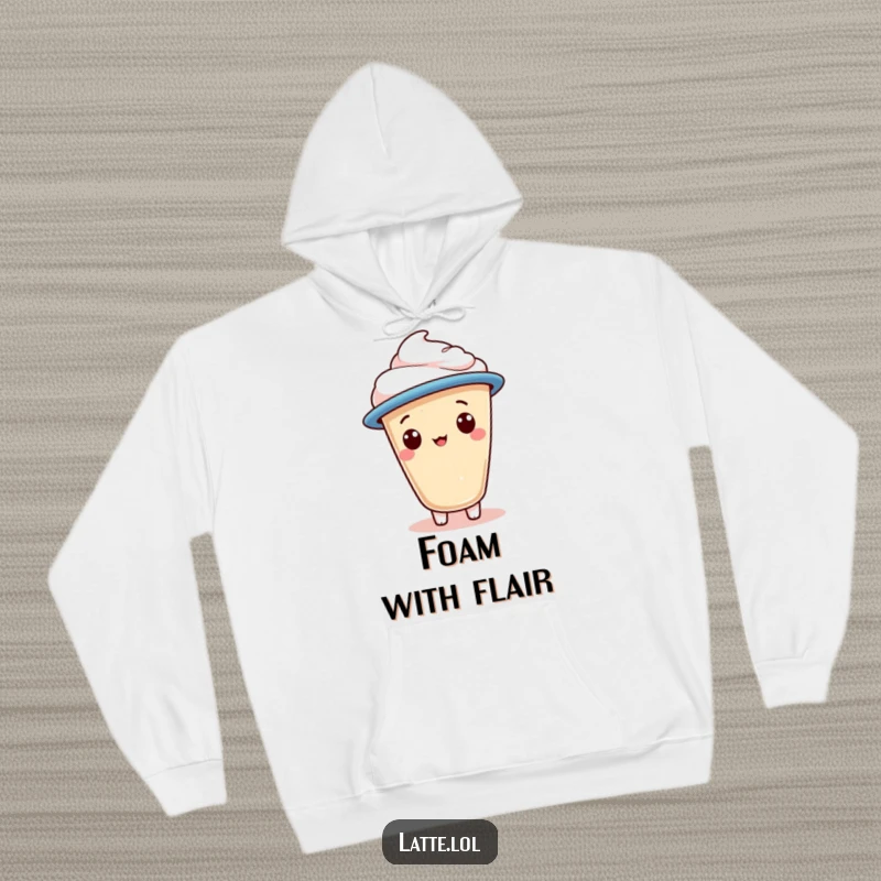 Funny hoodie displaying a latte foam character with a jaunty cap, radiating warmth and good vibes.