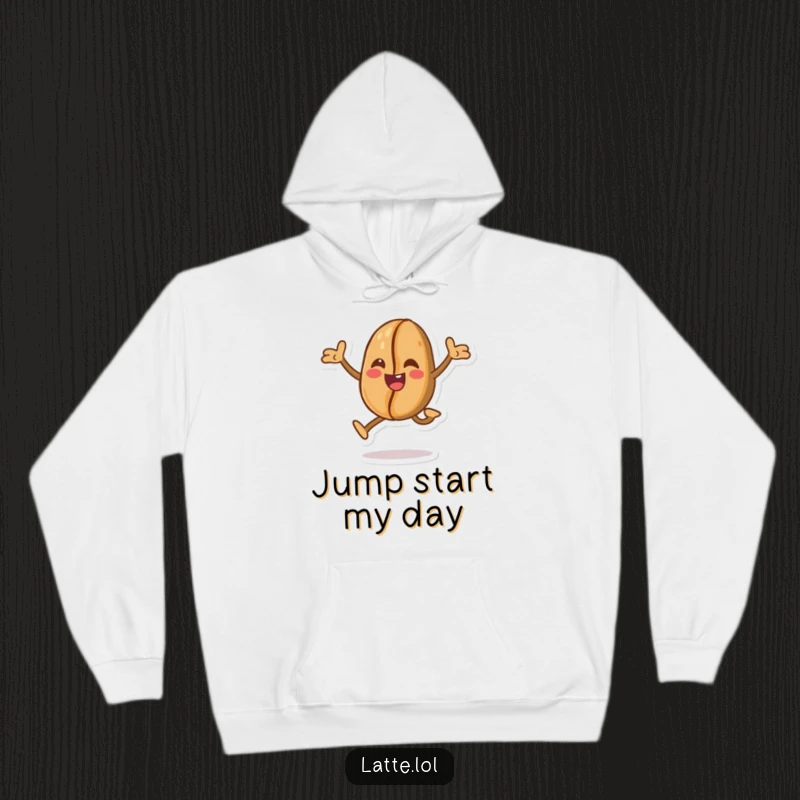 Funny hooded sweatshirt with a cheerful coffee bean character in a playful leap, ideal for expressing energy and coffee love.