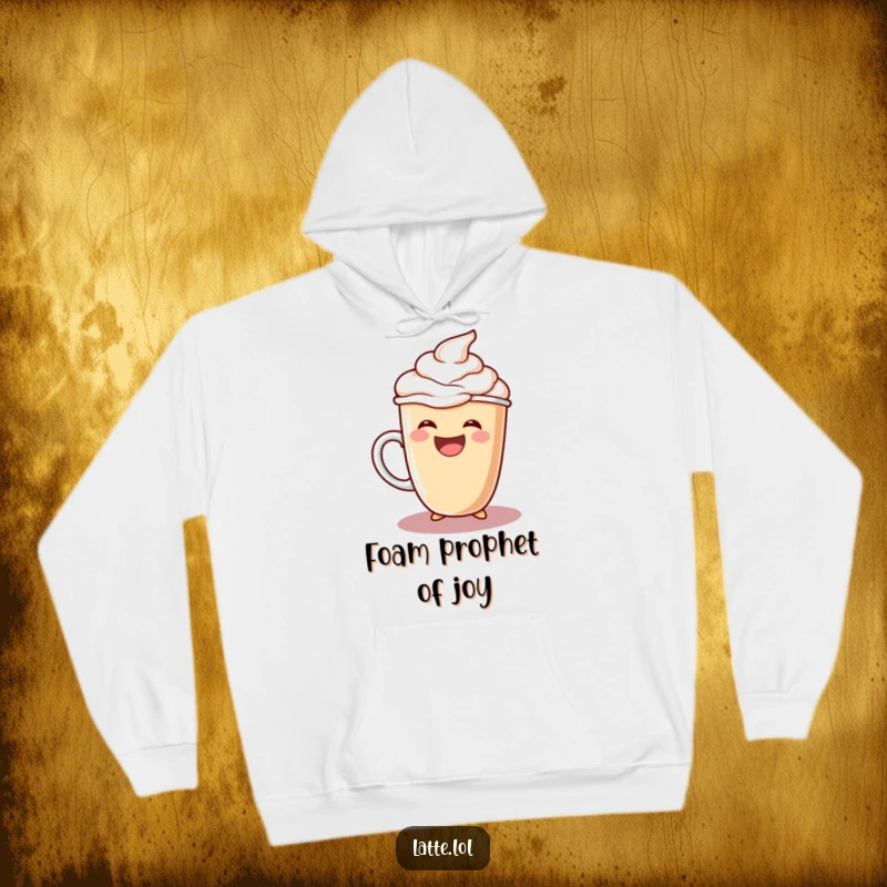 Funny hoodie depicting a happy latte cup character laughing while pouring extra foam, exuding pure delight.