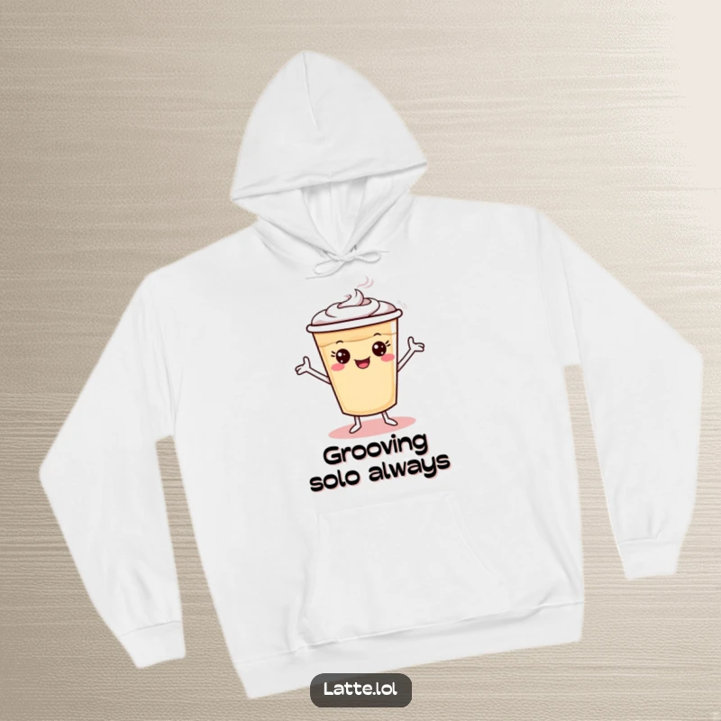 Funny latte cup hoodie with tiny arms doing a silly dance, offering warmth and playful energy.