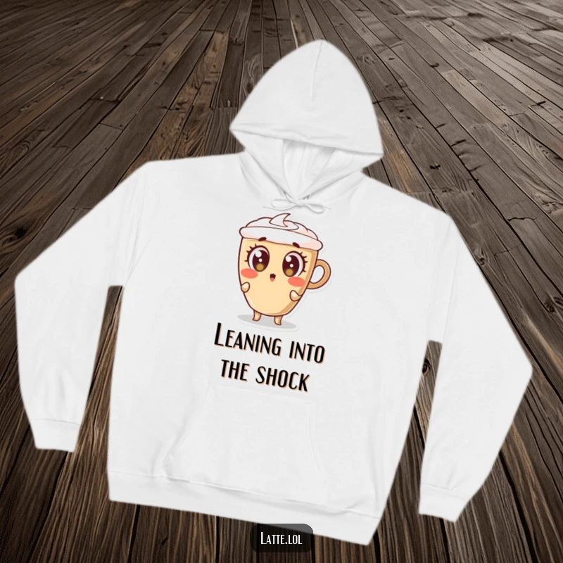 Funny hoodie depicting a latte cup character leaning backwards with huge, surprised eyes, embodying shock and humor.