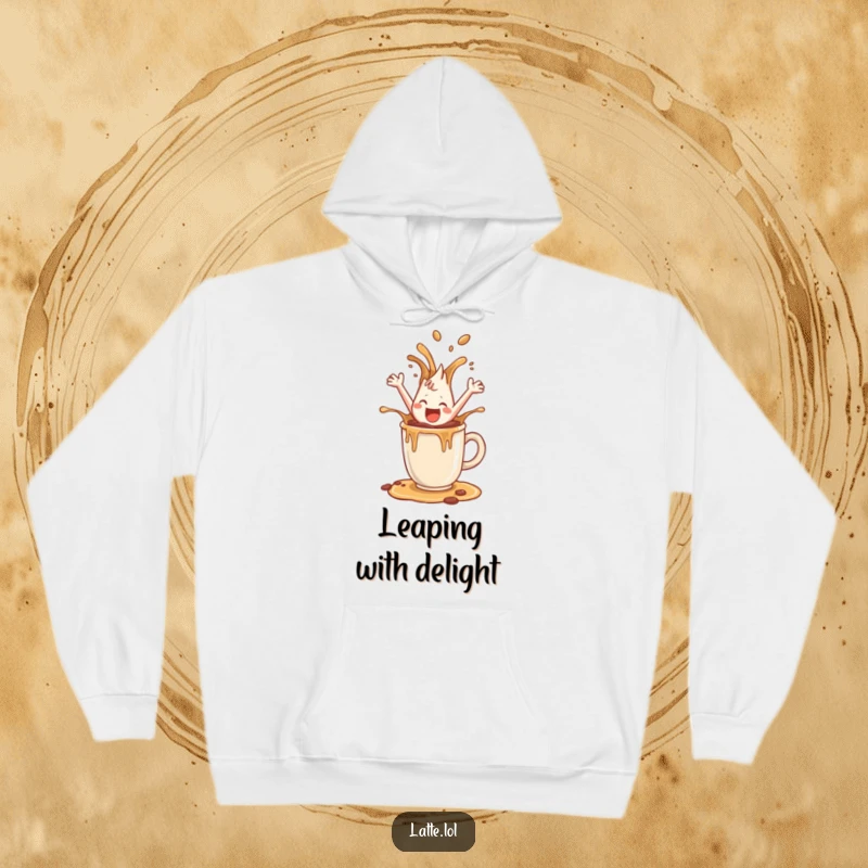 Funny hoodie depicting a happy coffee splash character leaping joyfully, a warm and humorous outer layer.