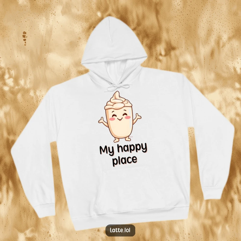 Funny Jovial Latte Foam Hoodie with a happy character making silly foam shapes. A warm and cheerful gift.