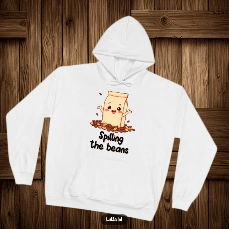 Funny hoodie showcasing a gleeful coffee bag character, joyfully spilling coffee beans. Warm and comical loungewear.