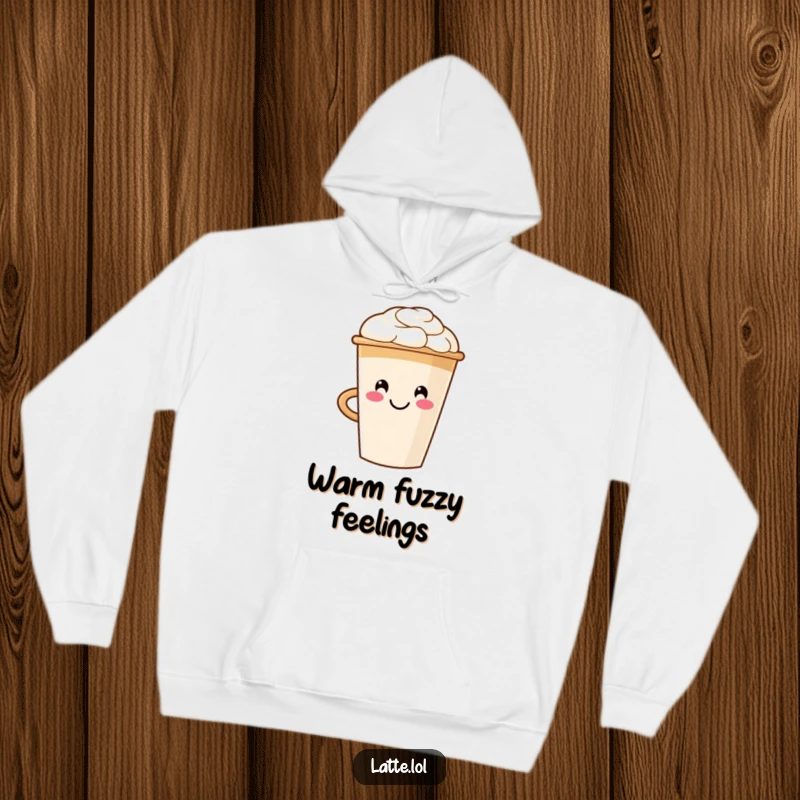 Funny hooded sweatshirt with a cheerful latte cup character sporting a smiley face foam art, perfect for cozying up.