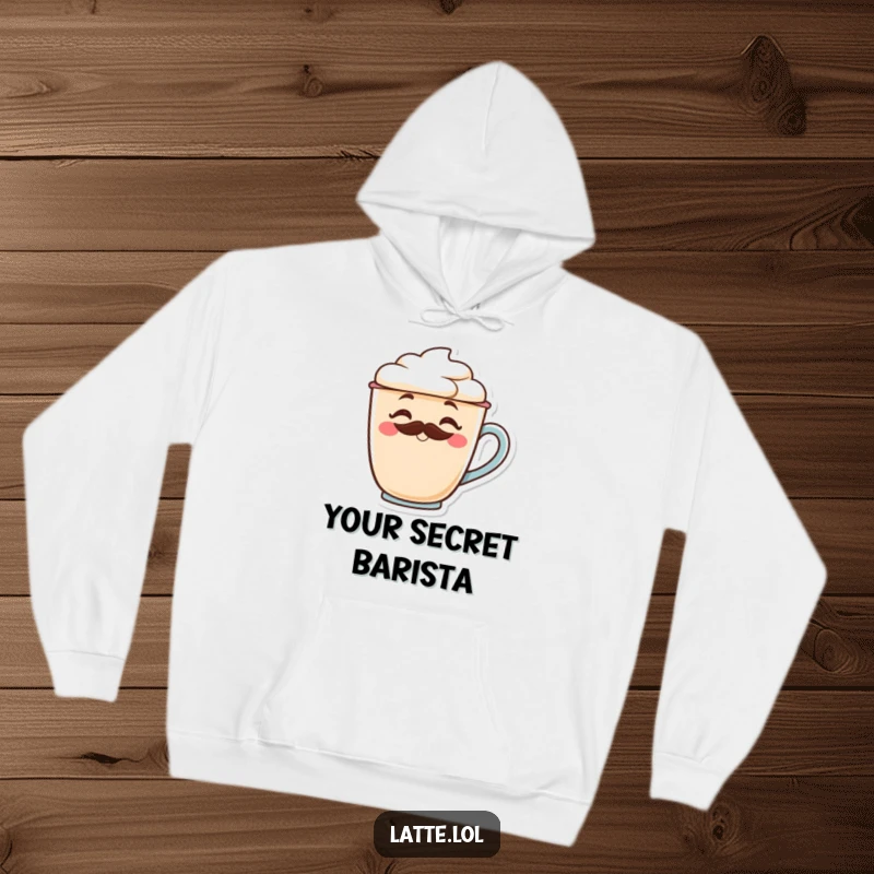 Funny latte cup hoodie with a frothy mustache winking, offering warmth and a touch of playful humor.