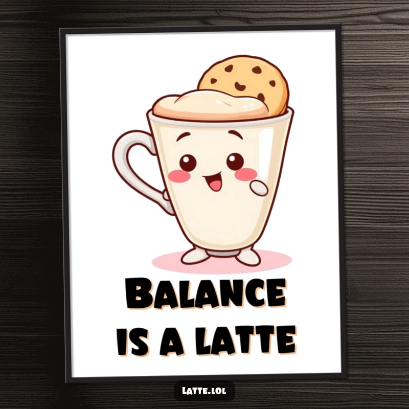 Free Printable Wall Art: Wobbly Latte Cup Character Attempting to Balance a Cookie Wafer.
