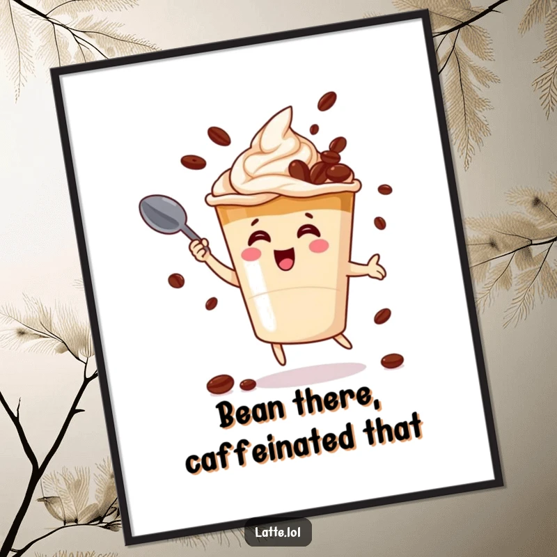 Funny Free Printable Wall Art: A joyful latte cup character masterfully juggling roasted coffee beans with a small spoon.