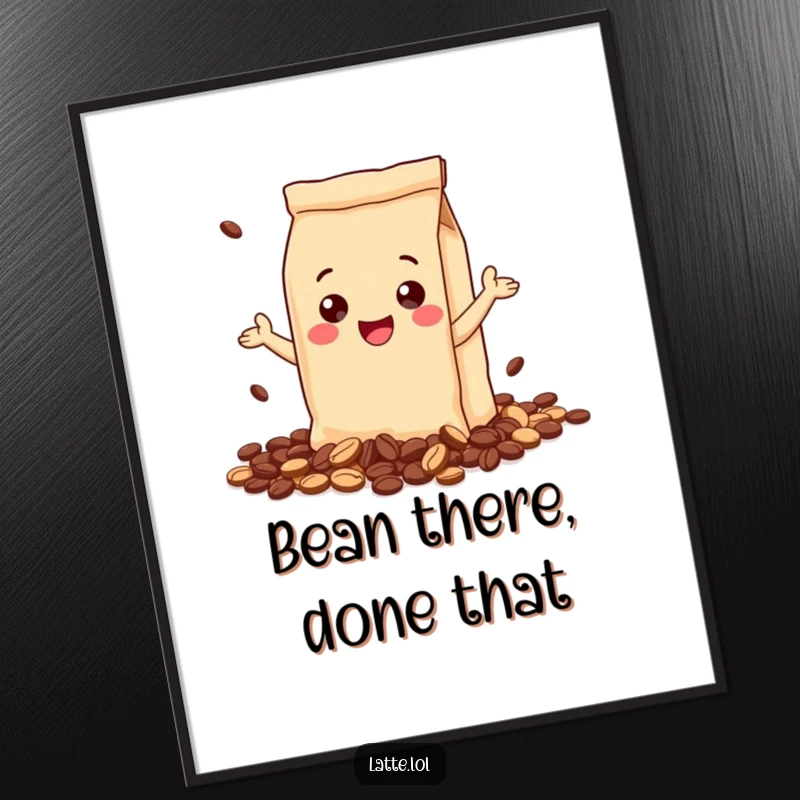 Funny Free Printable Wall Art: A gleeful coffee bag character happily spilling its beans, adding a humorous coffee-themed touch.