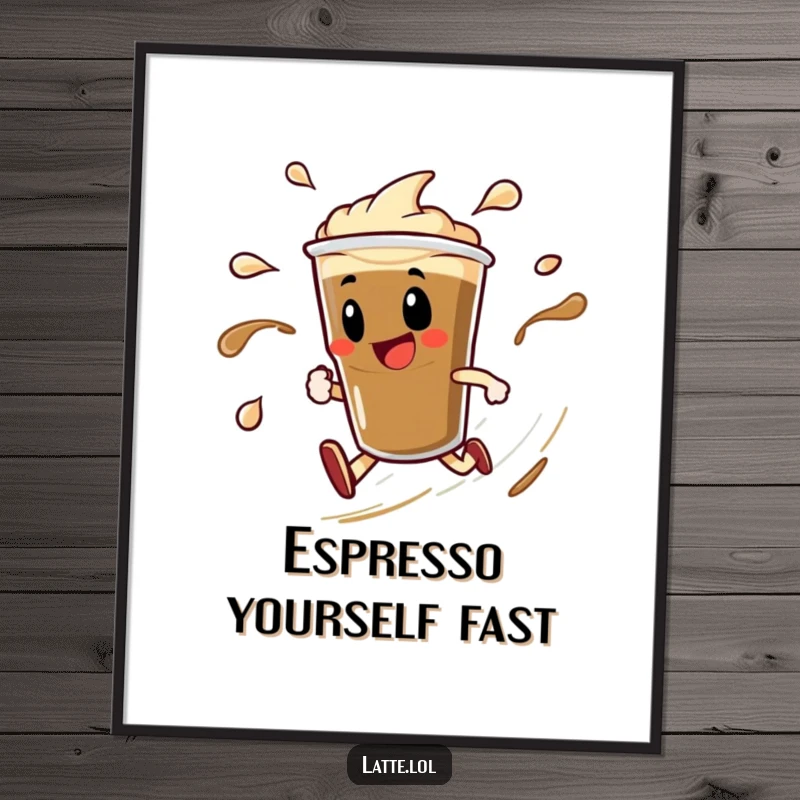 Free Printable Wall Art: Delighted Espresso Shot Character Spinning Speedily with Liquid Trails.
